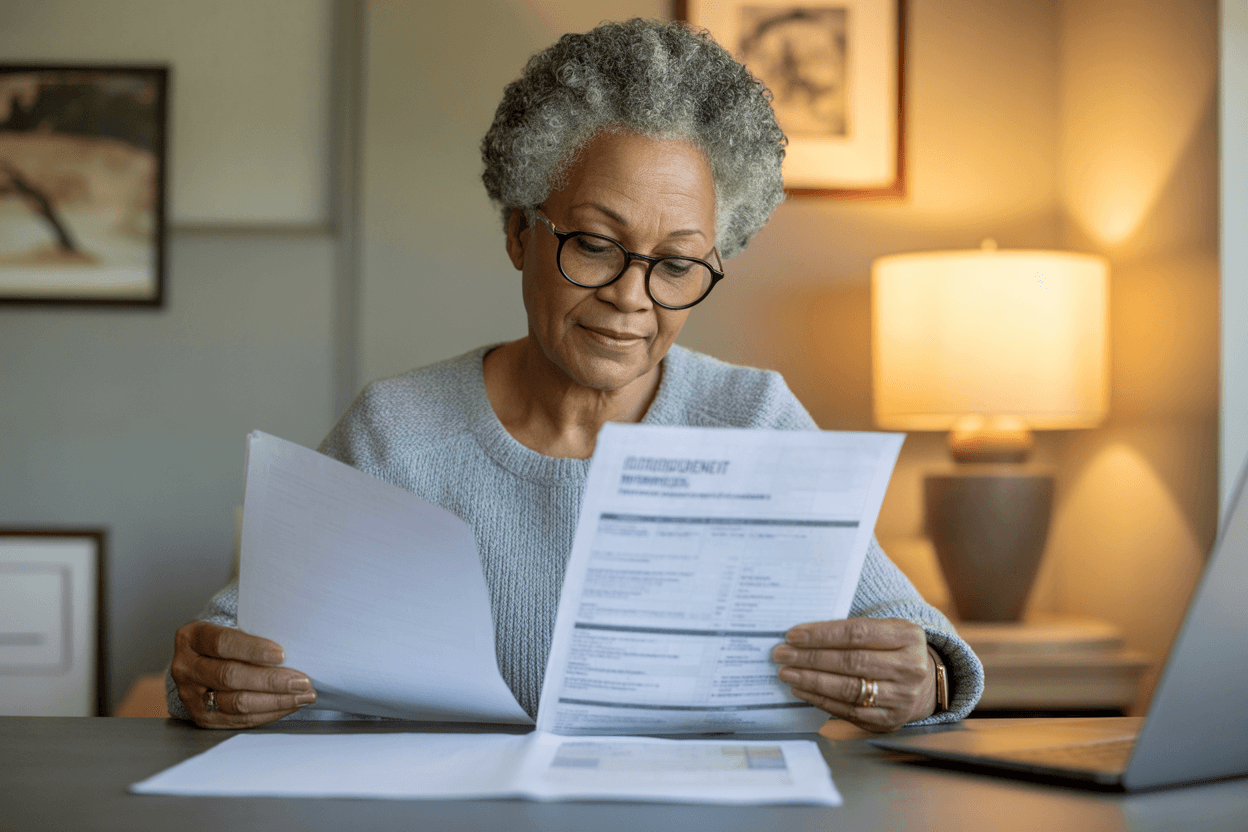 Senior woman reviewing government benefit documents and programs