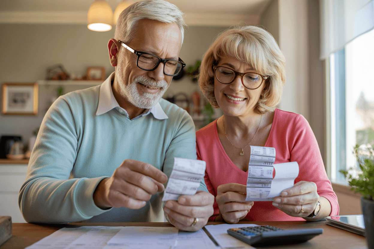 Senior couple reviewing discounts and savings opportunities together