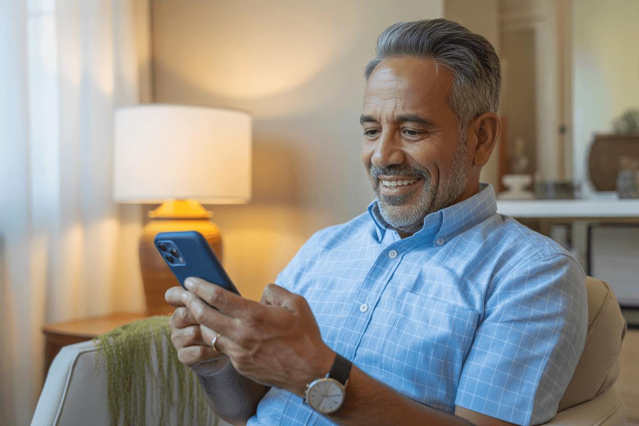 Senior man browsing deals and discounts on smartphone