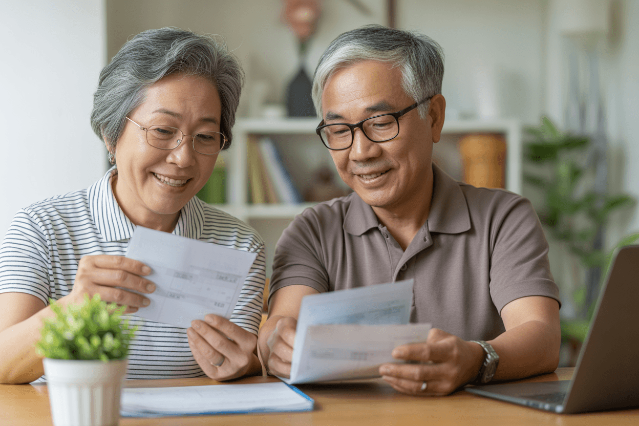 Senior couple reviewing utility bills and savings documents