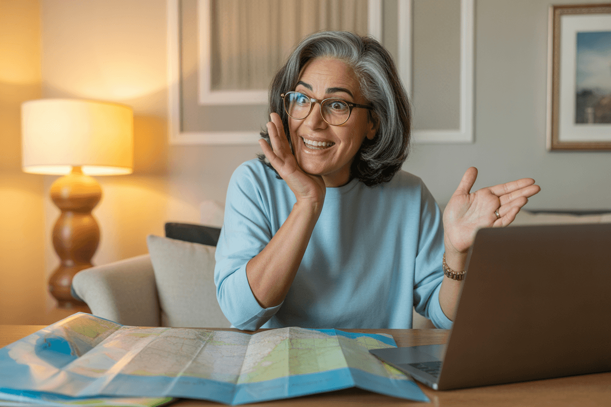 Senior woman planning travel with maps and laptop