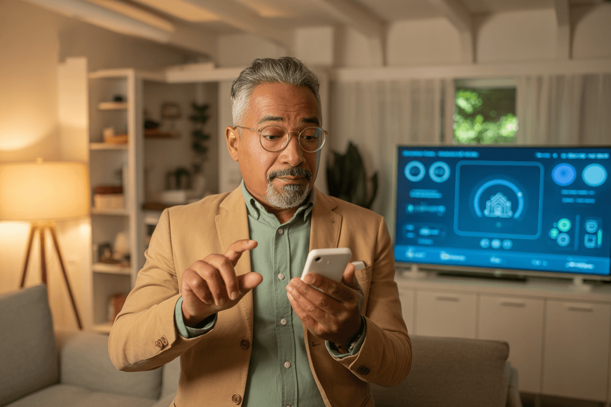 Senior man exploring smart home devices and technology