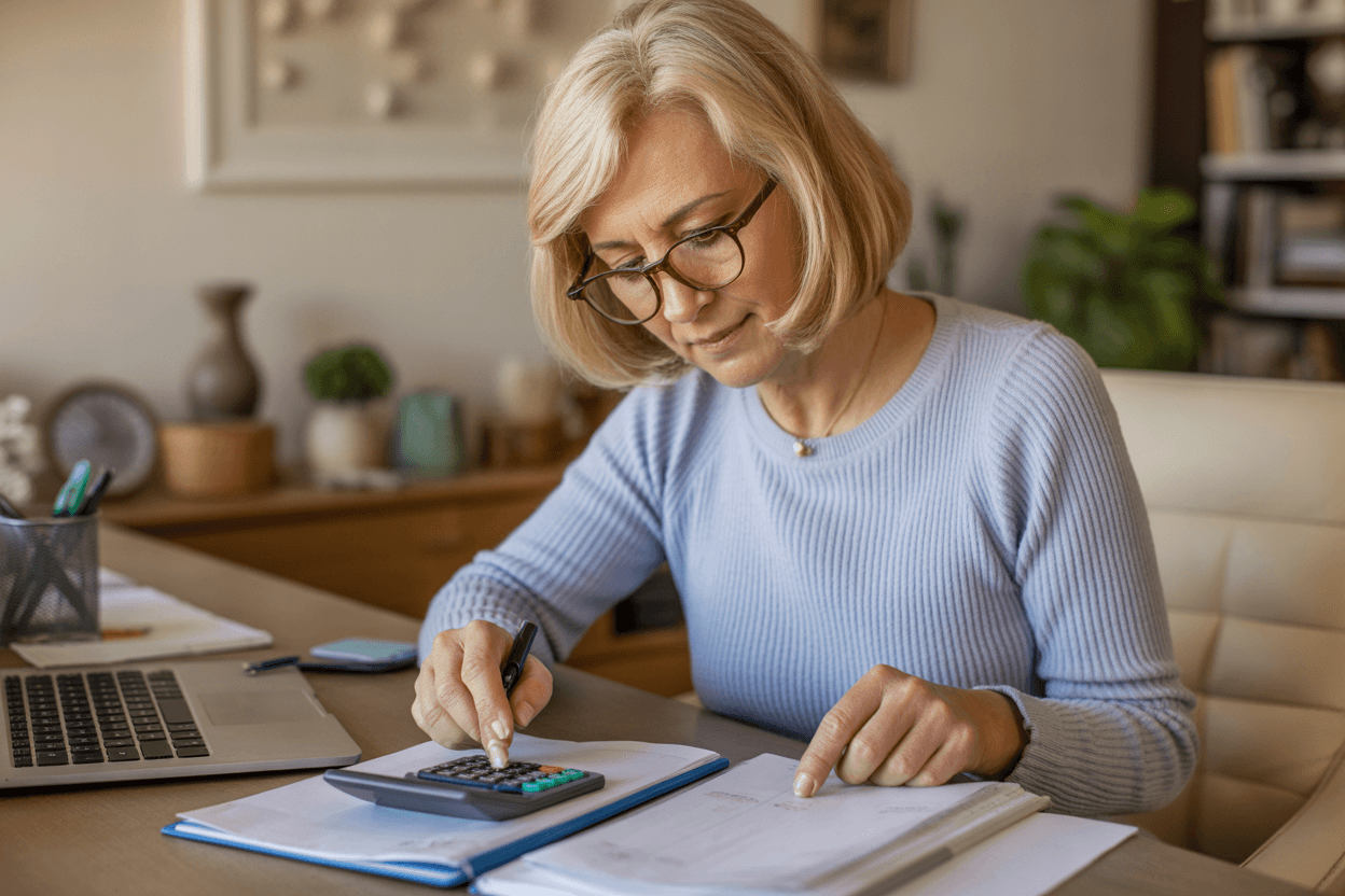 Senior woman working on budget planning with calculator